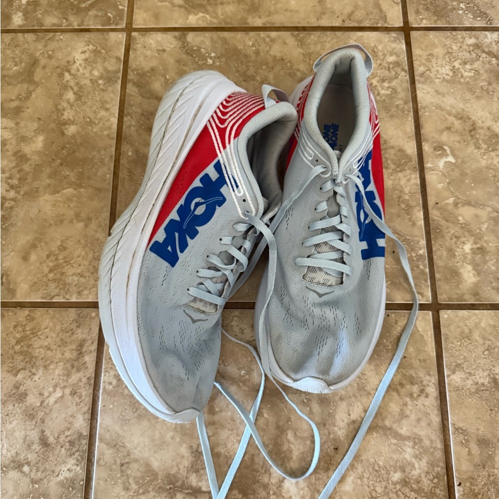 Hoka One One Athletic Shoes in Gray, Red, and Blue